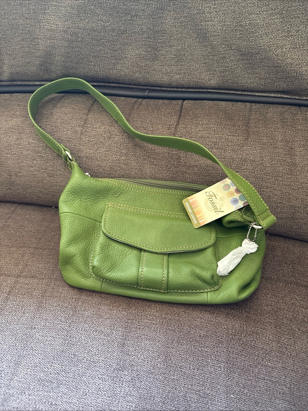 Y2K Fossil Leather Shoulder Bag Womens Lime Green Small Hobo Purse Key Charm NWT